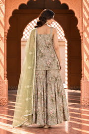 Gifa Pista Green Floral Print Sleeveless Sharara Set - back view