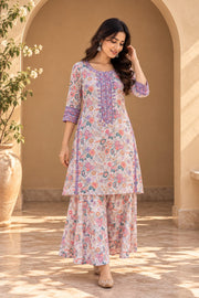 Lilac Floral Mirror Work Pakistani Kurta Sharara Set - front view