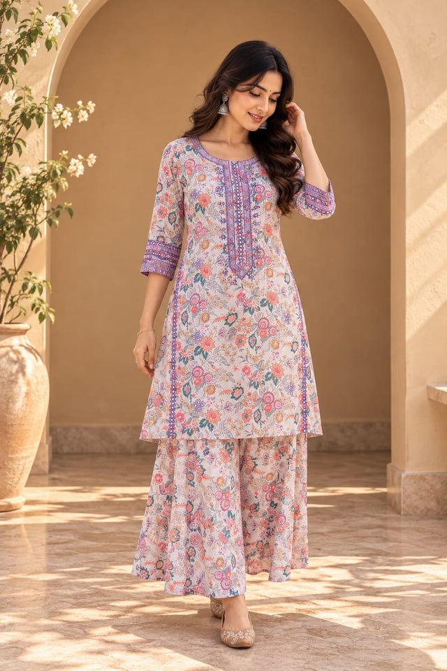 Lilac Floral Mirror Work Pakistani Kurta Sharara Set - front view