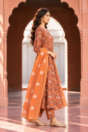 Orchid Orange Floral Print Anarkali Set With Dupatta - side view