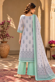 Grey And Mint Printed Pakistani Straight Suit Set - back view