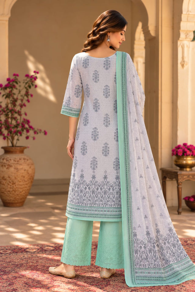 Grey And Mint Printed Pakistani Straight Suit Set - back view