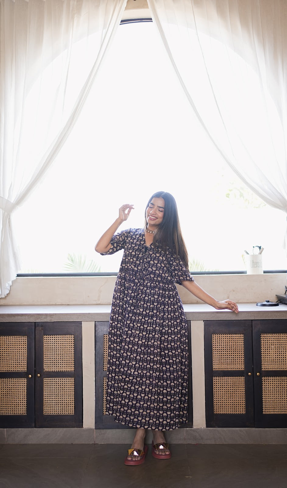 Black Floral Puff Sleeve Tiered Maxi Dress