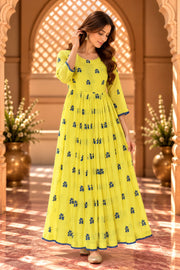 Mahim Yellow Butti Print Tiered Maxi Dress - front view