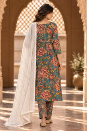 Neckline Green Floral Print Anarkali Set With Dupatta - back view