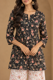 Black Floral Embroidered Kurta And Palazzo Co-ord Set - detail close-up