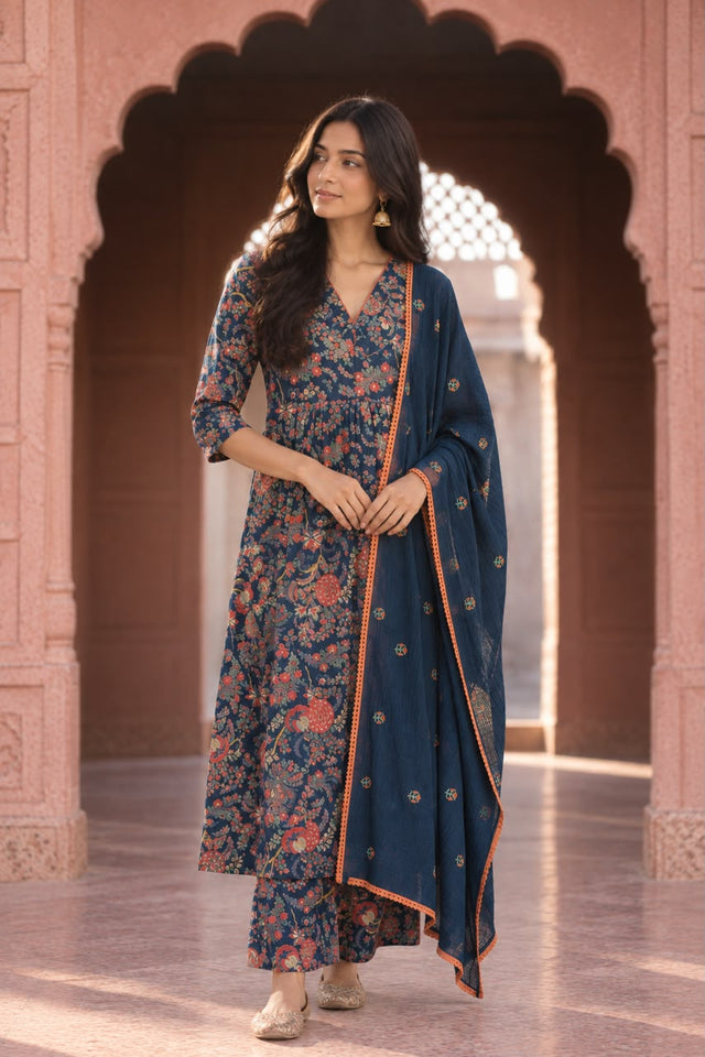 Suki Navy Blue Floral Print Kurta Set With Dupatta - front view