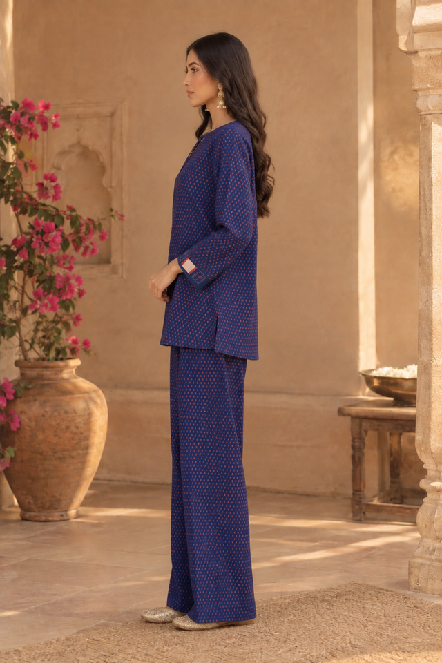 Roza Indigo Blue Butti Print Co-ord Set - side view