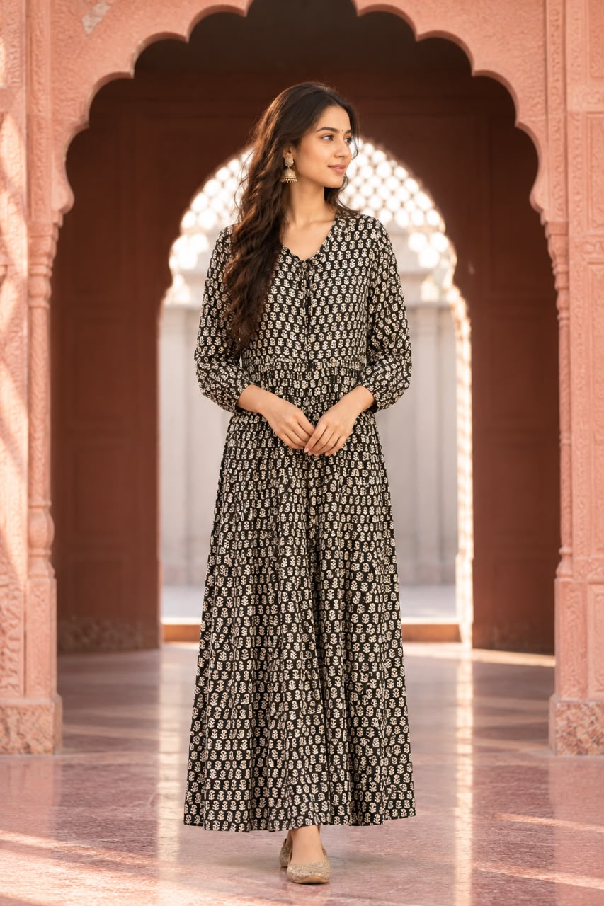 Black Butti Print Tiered Maxi Dress - front view