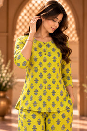 Nirali Yellow Block Print Co-ord Set - detail close-up