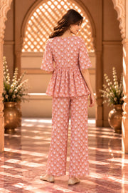 Gifa Peach Tulip Print Peplum Co-ord Set - back view