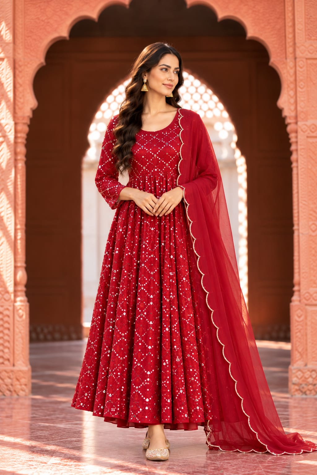 Damini Red Sequin Embroidered Anarkali Set With Dupatta - front view