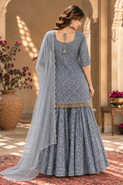 Raatrani Grey Mirror Embroidered Sharara Set With Dupatta - back view