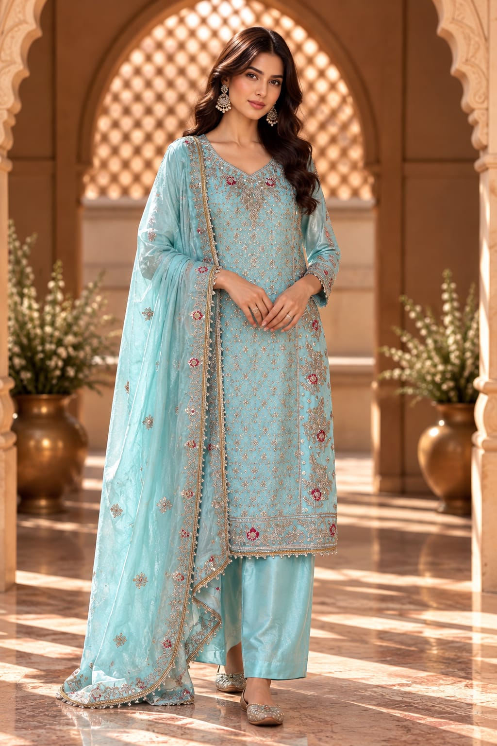 Rooprani Mint Blue Embroidered Straight Kurta Set With Dupatta - front view