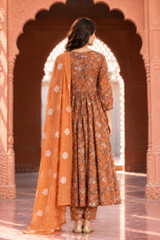 Orchid Orange Floral Print Anarkali Set With Dupatta - back view