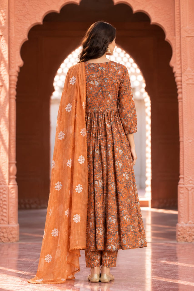 Orchid Orange Floral Print Anarkali Set With Dupatta - back view