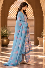 Acacia Blue Floral Print Anarkali Set With Dupatta - side view