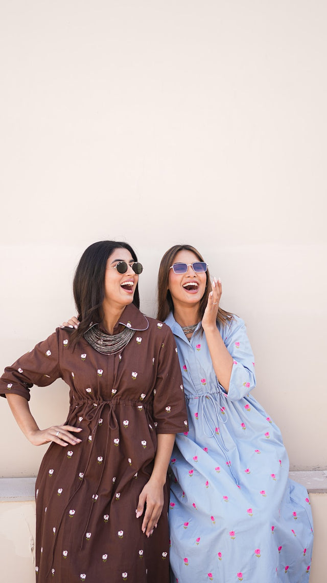Coffee Brown Floral Embroidered Shirt Dress
