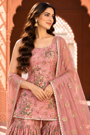 Gifa Peach Floral Print Sleeveless Sharara Set - detail close-up