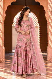 Gifa Peach Floral Print Sharara Set With Sleeves - front view
