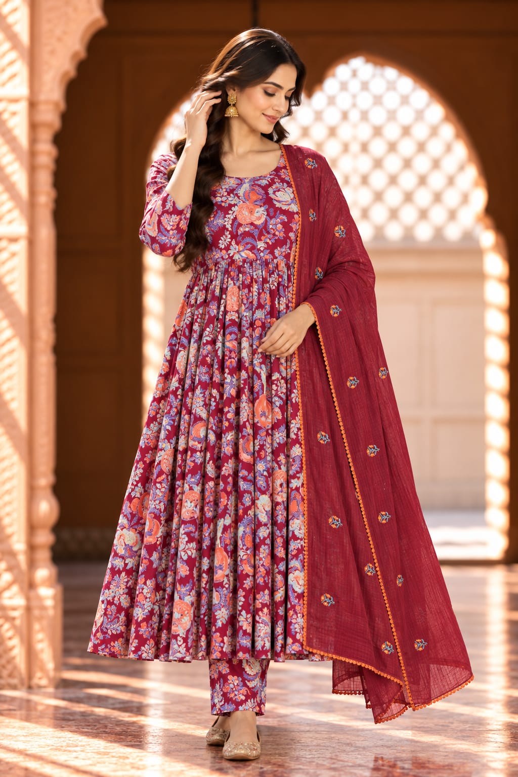 Suki Magenta Floral Print Kurta Set With Dupatta - front view