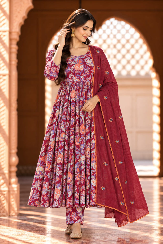 Suki Magenta Floral Print Kurta Set With Dupatta - front view