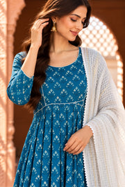 Neckline Blue Butti Print Anarkali Set With Dupatta - detail close-up