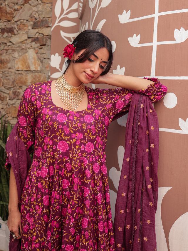 Suhana Wine Pure Cotton Anarkali Suit Set