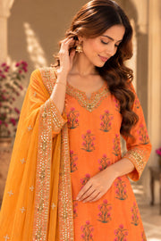 Mehreen Orange Embroidered Straight Kurta Set With Dupatta - detail close-up