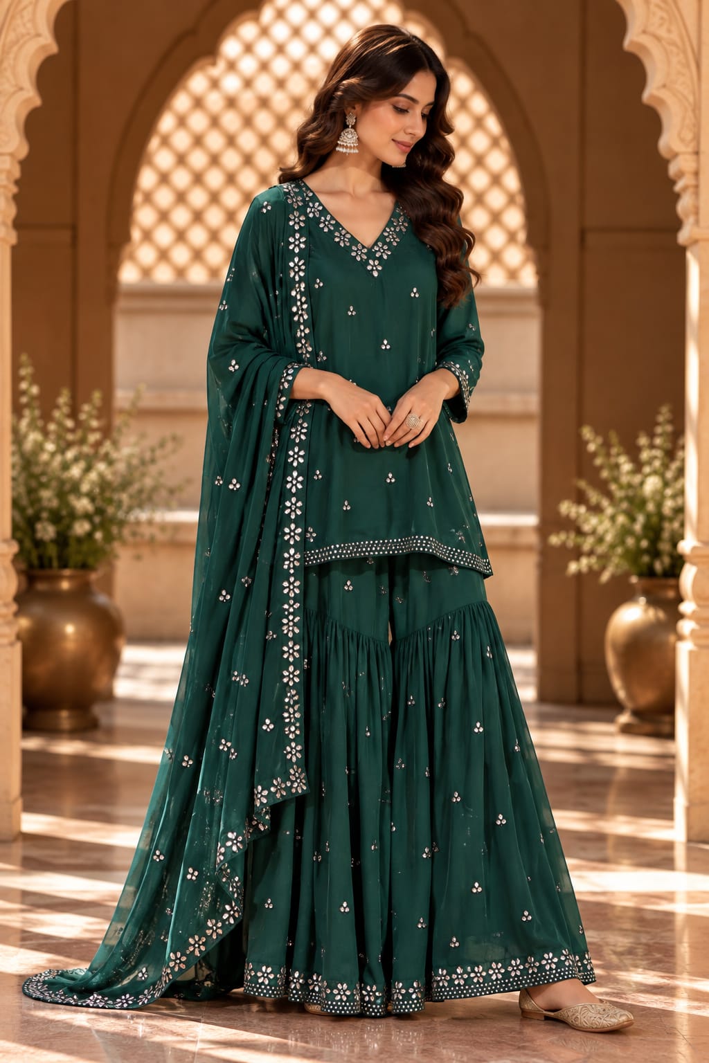 Bottle Green Mirror Work Sharara Set With Dupatta - front view