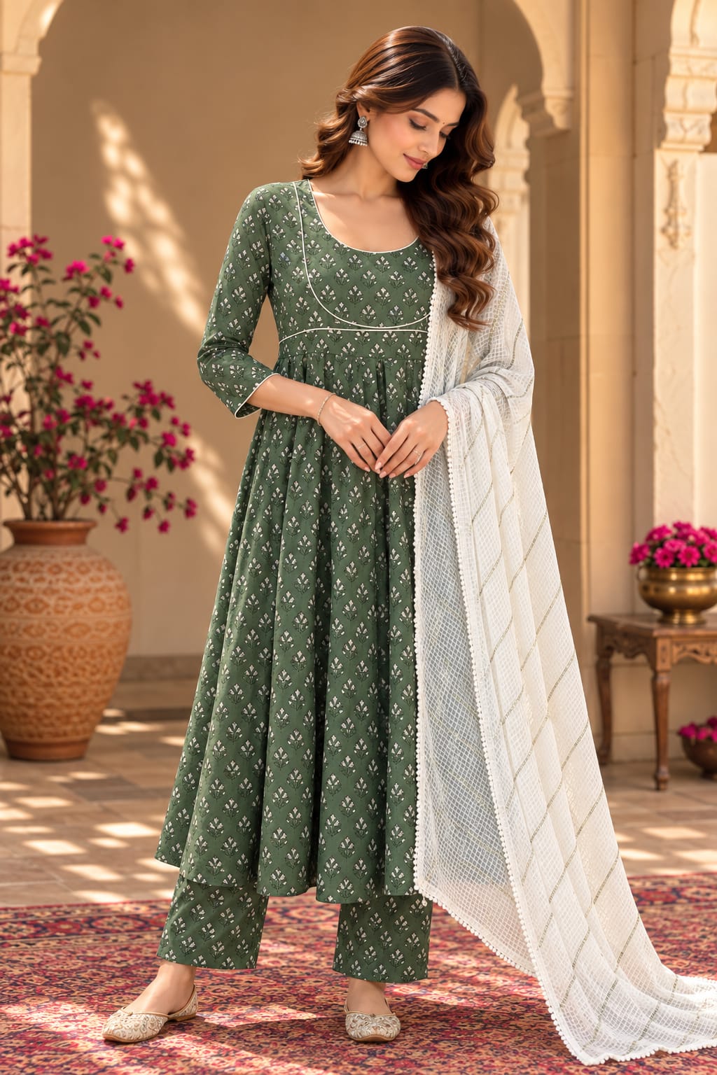 Neckline Pista Green Butti Print Anarkali Set With Dupatta - front view