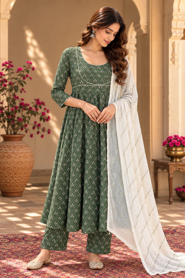 Neckline Pista Green Butti Print Anarkali Set With Dupatta - front view