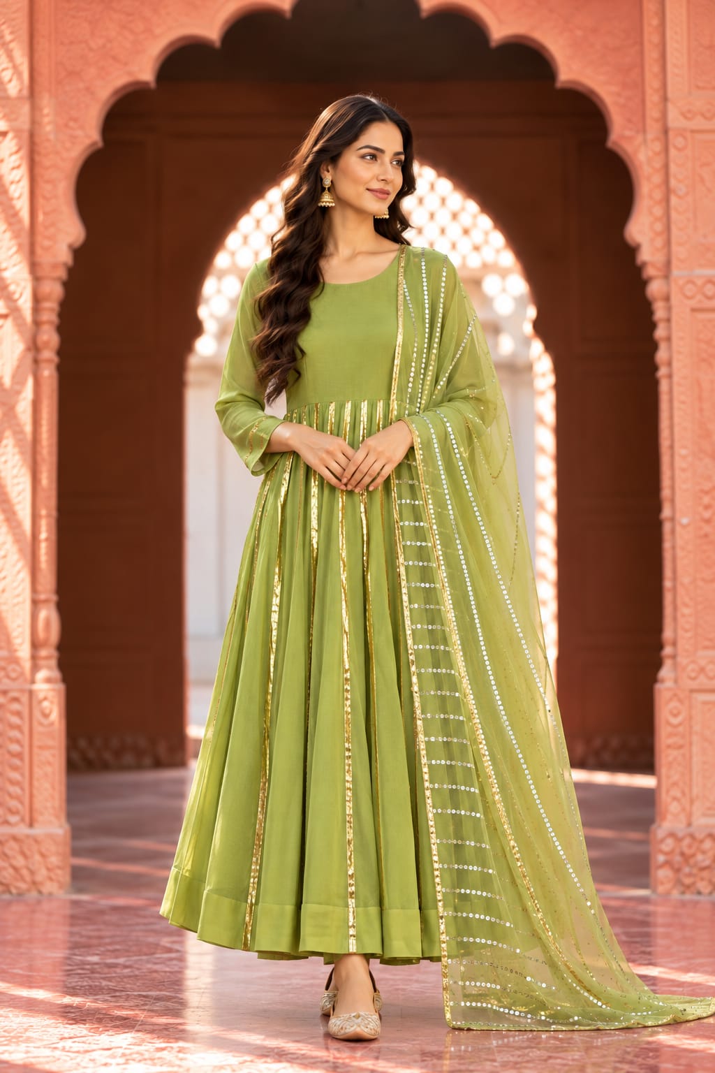 Resham Pista Green Gota Anarkali Set With Dupatta - front view