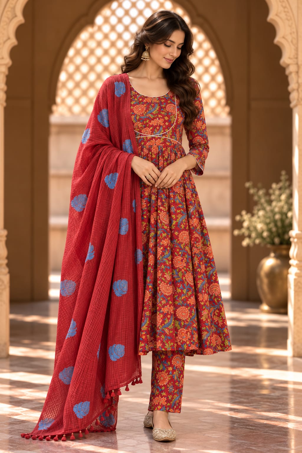 Neckline Red Floral Print Anarkali Set With Dupatta - front view