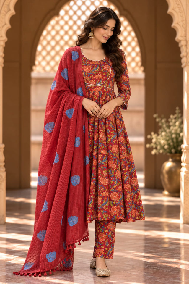 Neckline Red Floral Print Anarkali Set With Dupatta - front view