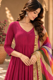 Rani Pink Flared Kurta With Rainbow Leheriya Dupatta - detail close-up