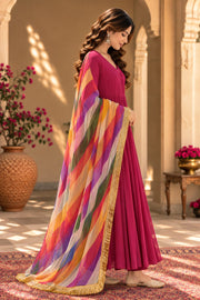 Rani Pink Flared Kurta With Rainbow Leheriya Dupatta - side view