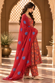 Neckline Red Floral Print Anarkali Set With Dupatta - side view