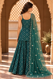 Alina Teal Green Sleeveless Embroidered Sharara Set - back view
