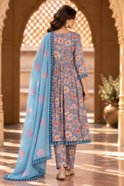 Acacia Blue Floral Print Anarkali Set With Dupatta - back view