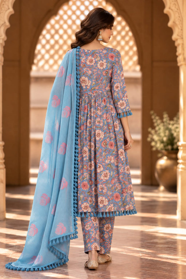 Acacia Blue Floral Print Anarkali Set With Dupatta - back view