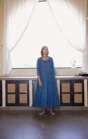 Indigo Block Print Flared Maxi Dress 3