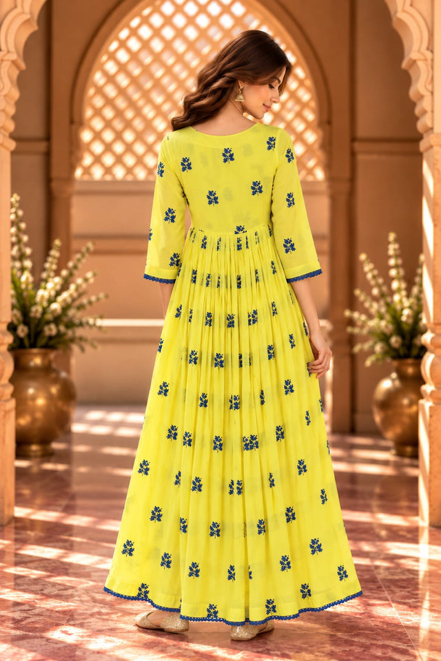Mahim Yellow Butti Print Tiered Maxi Dress - back view