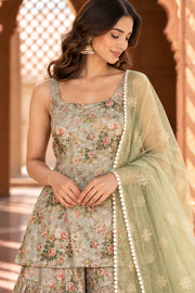 Gifa Pista Green Floral Print Sleeveless Sharara Set - detail close-up