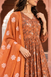 Orchid Orange Floral Print Anarkali Set With Dupatta - detail close-up