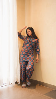 Grey Blue Floral Print Kurta And Pant Co-ord Set 1
