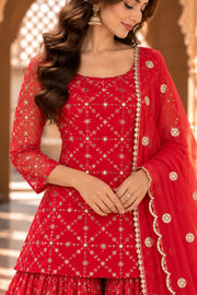 Alina Red Embroidered Sharara Set With Dupatta - detail close-up
