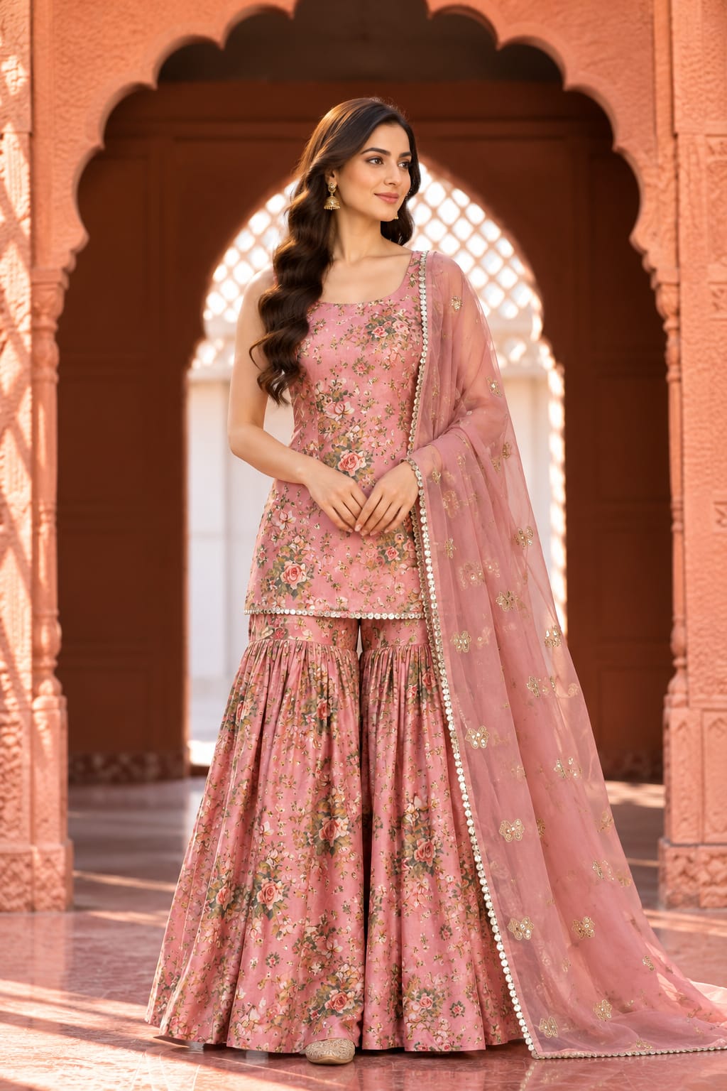 Gifa Peach Floral Print Sleeveless Sharara Set - front view