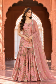 Gifa Peach Floral Print Sleeveless Sharara Set - front view