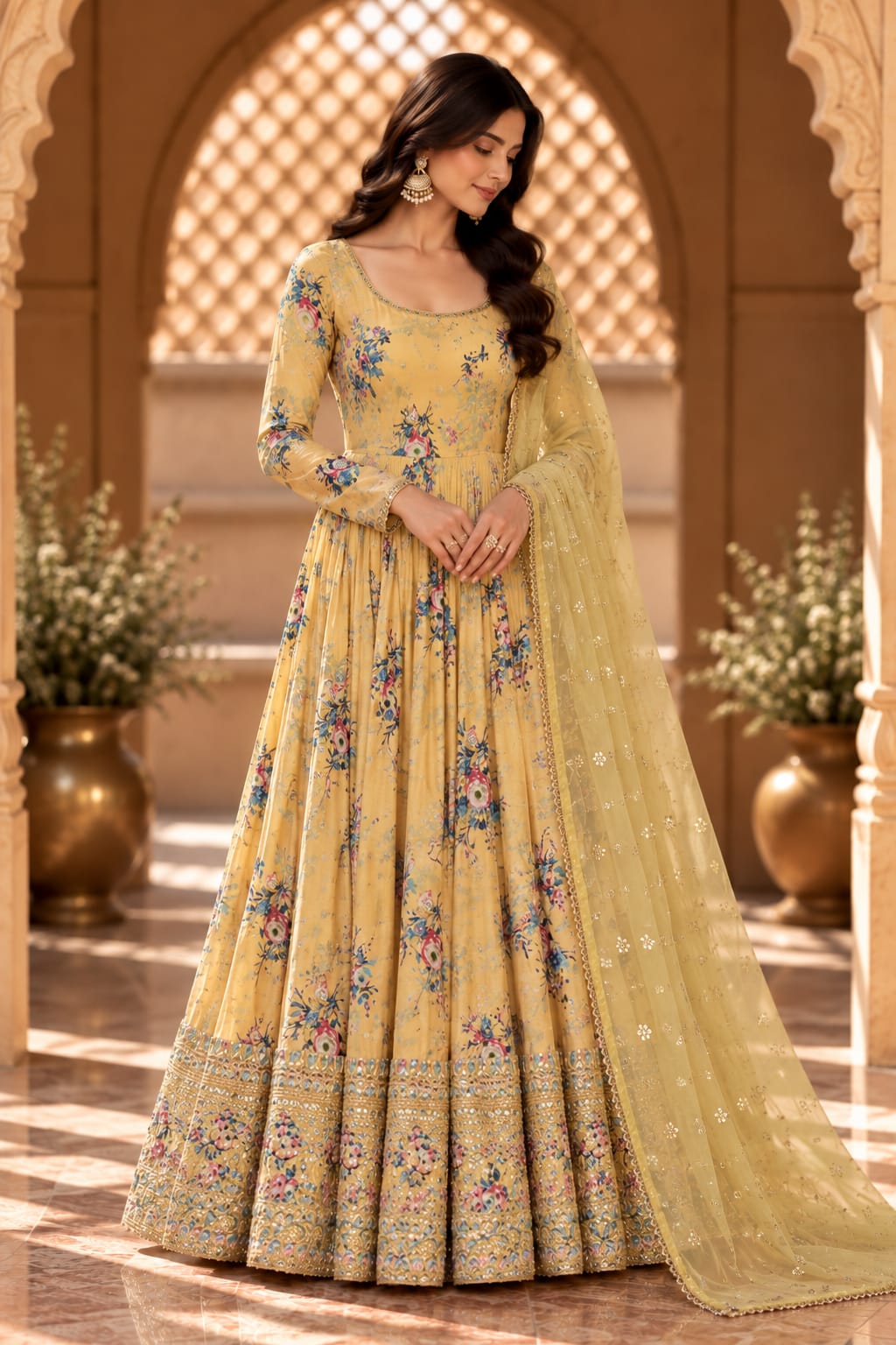 Gul Yellow Floral Print Embroidered Anarkali Set - front view
